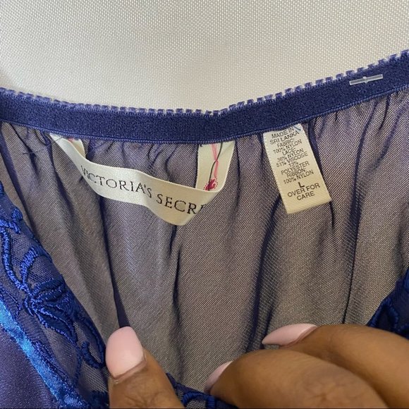 Victoria 'Secret 90's Vintage Navy Blue Sheer Sultry Lace Trim Slip Dress Large - Picture 3 of 9